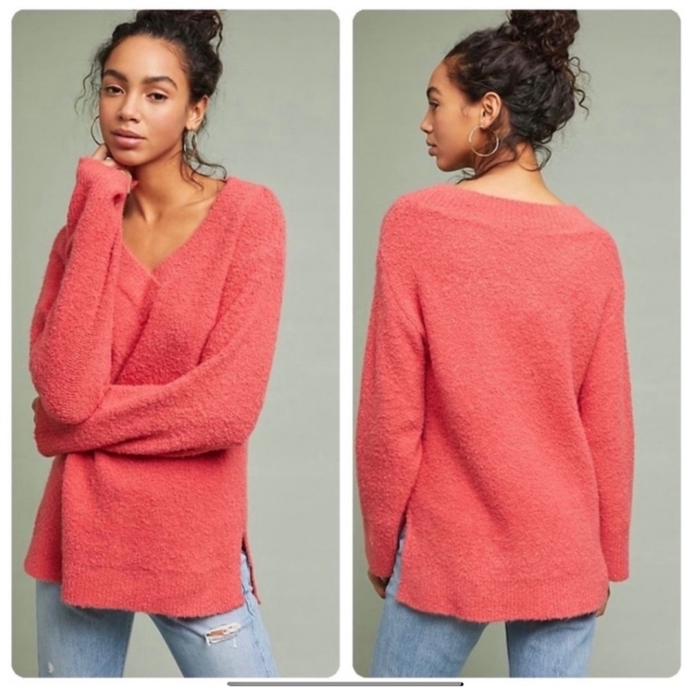 by Anthropologie oversized merino wool and alpaca blend dark coral V neck